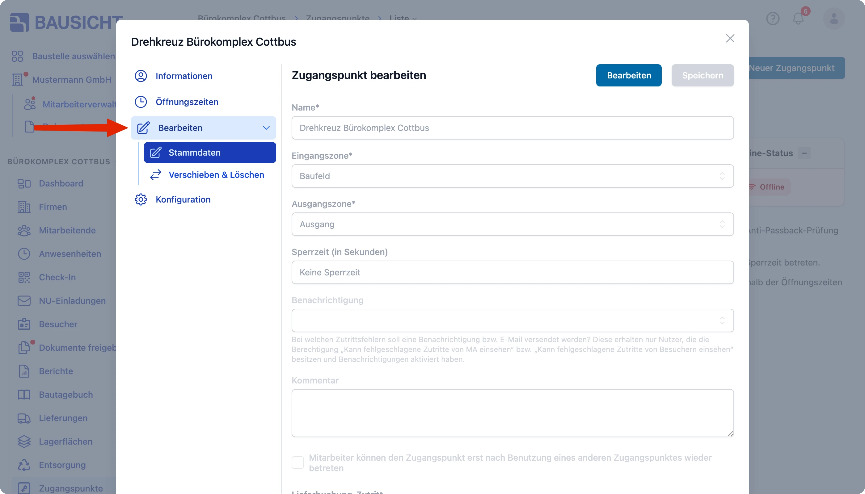 Bearbeitungsansicht des Zugangspunkts über “Bearbeiten” öffnen