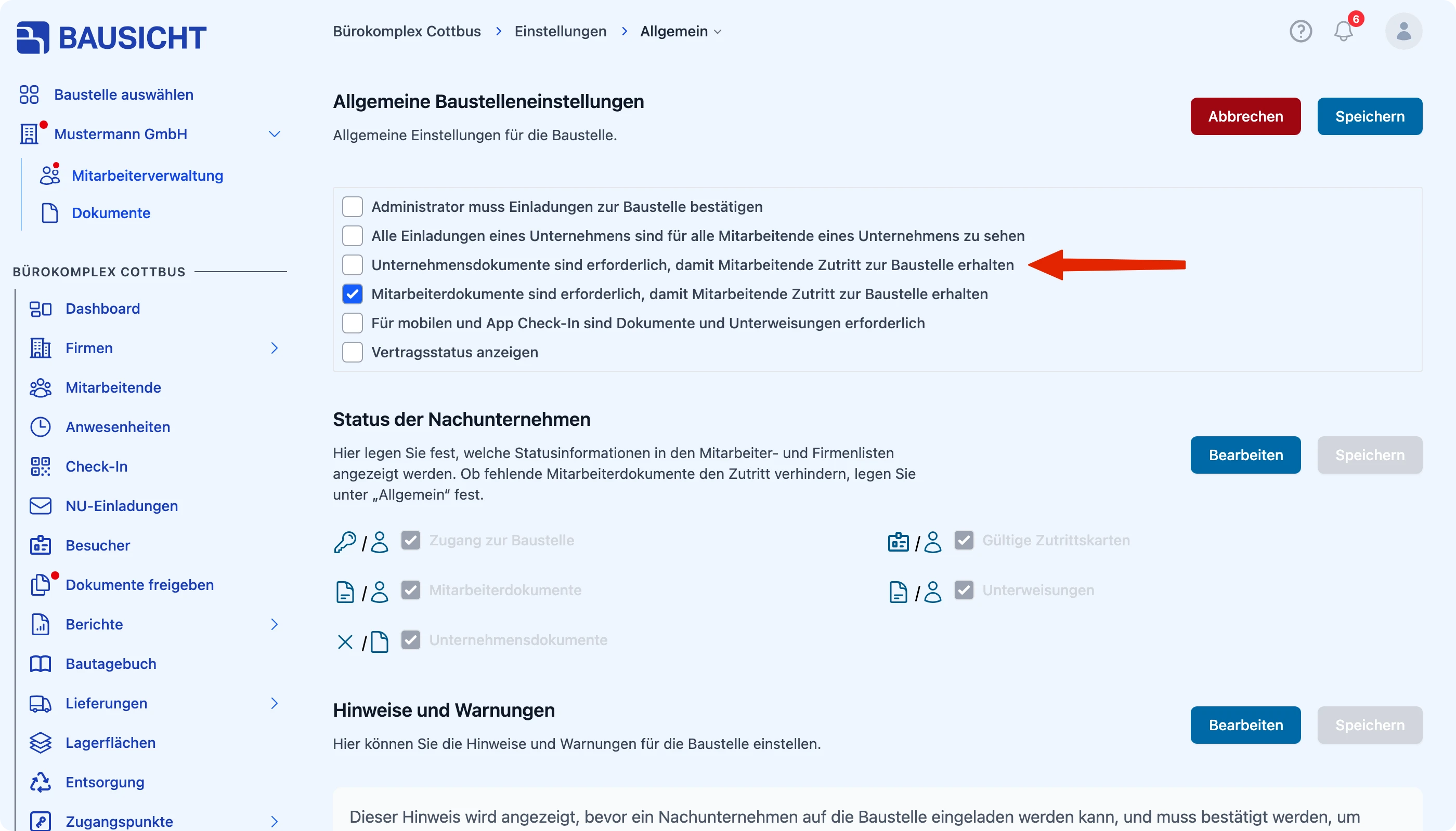 Checkbox “Unternehmensdokumente sind erforderlich, damit Mitarbeitende Zutritt zur Baustelle erhalten”