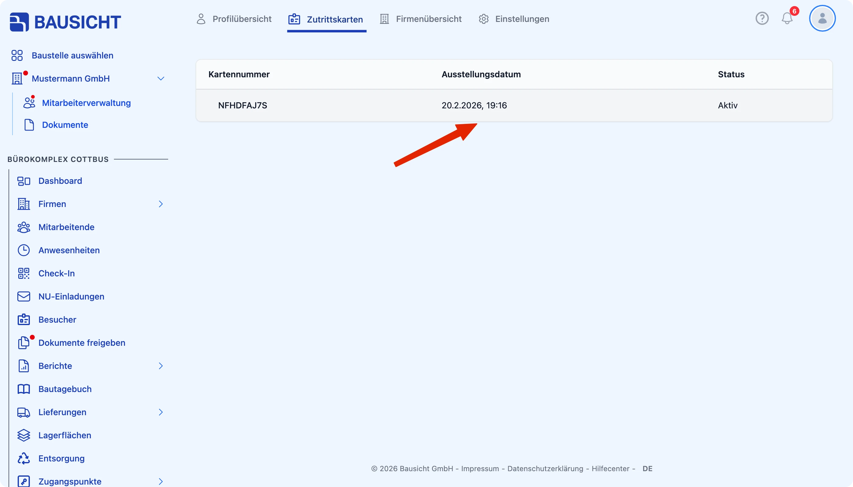 Übersicht “Meine Zutrittskarten” mit der eigenen Karte