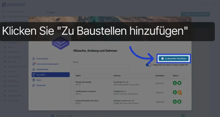 Click Add to construction sites