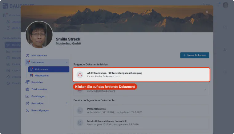 Fehlendes Dokument auswählen