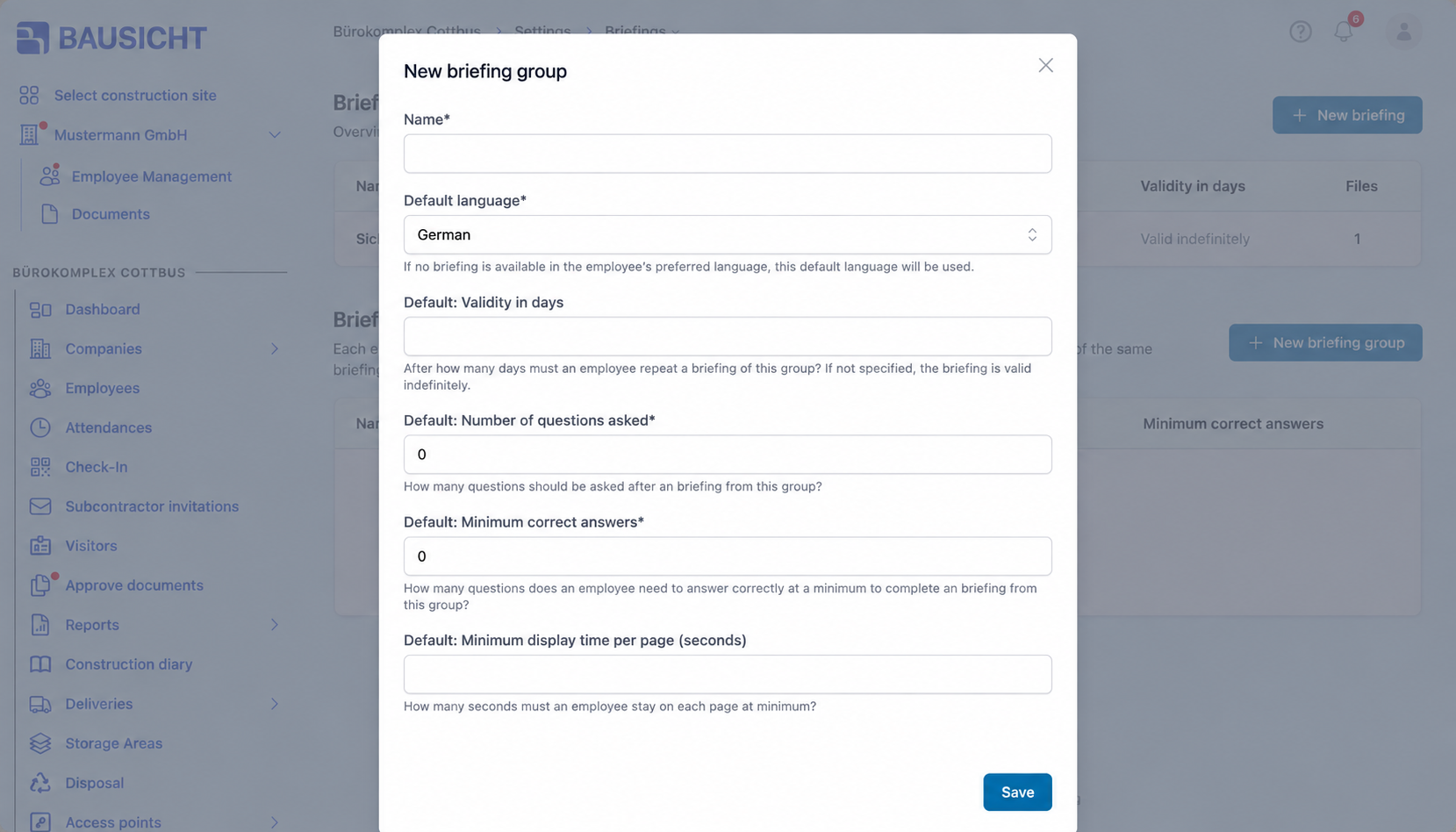 New briefing group dialog with default language, validity, question count, minimum correct answers and display duration.