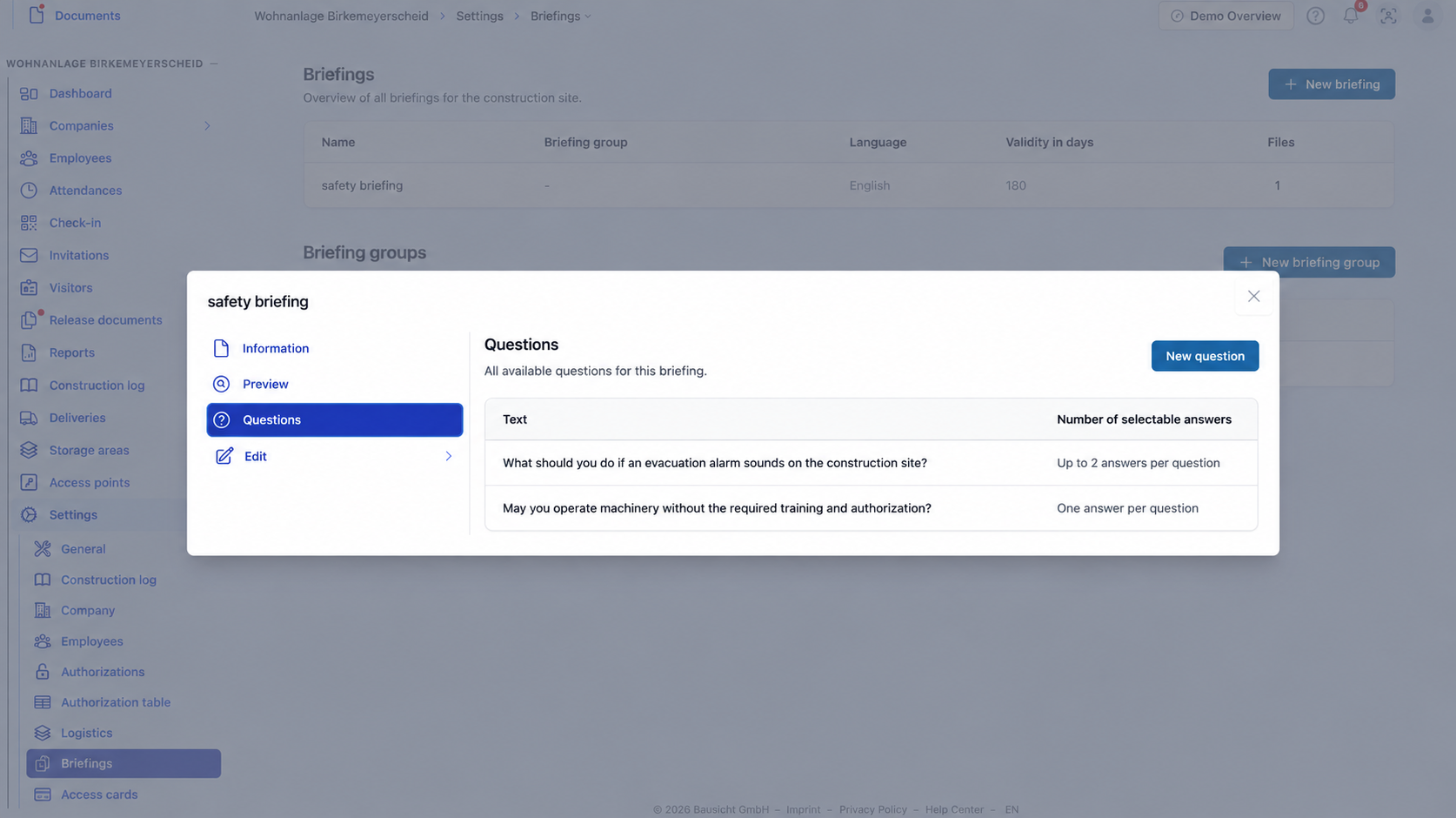 Briefing: The Questions section shows existing questions and the New question button.