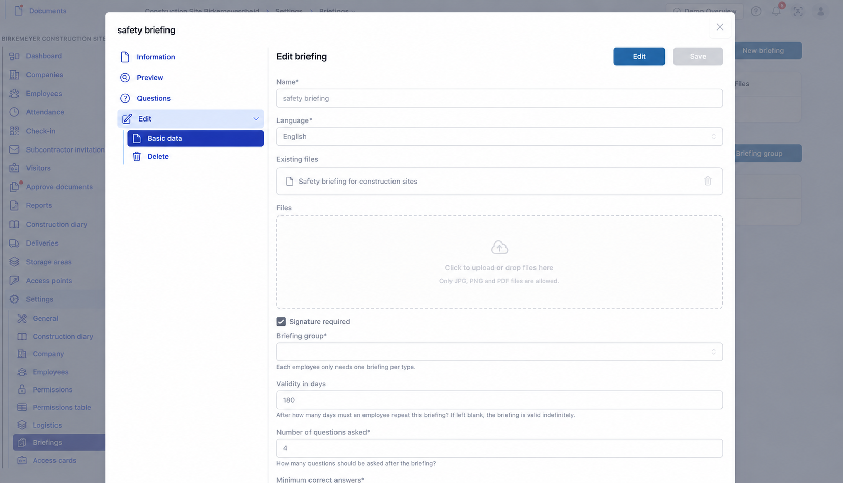 Edit briefing: Basic data with signature, briefing group, validity and question count settings.