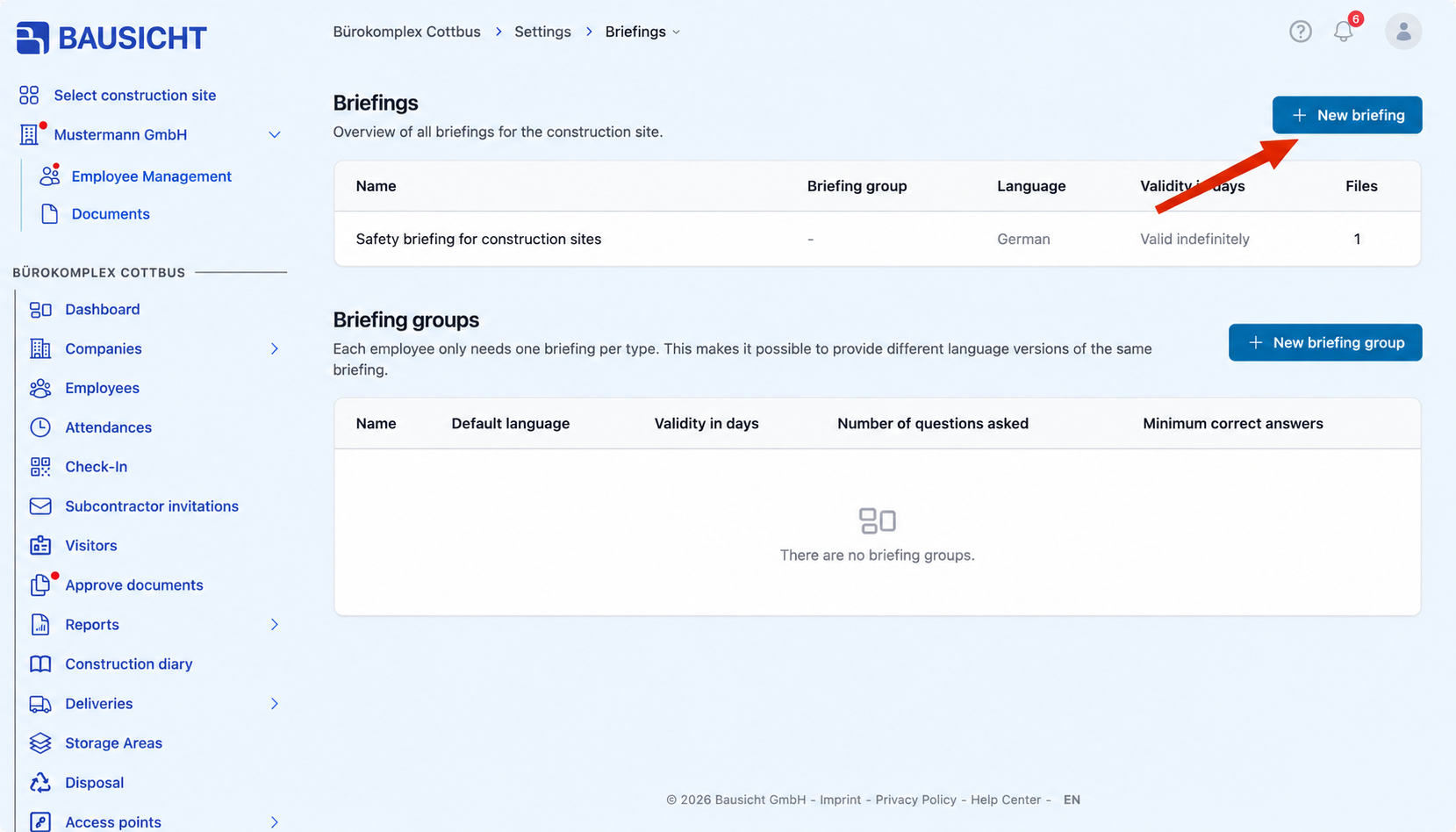 Settings → Briefings: The “New briefing” button opens the dialog for creating a briefing.