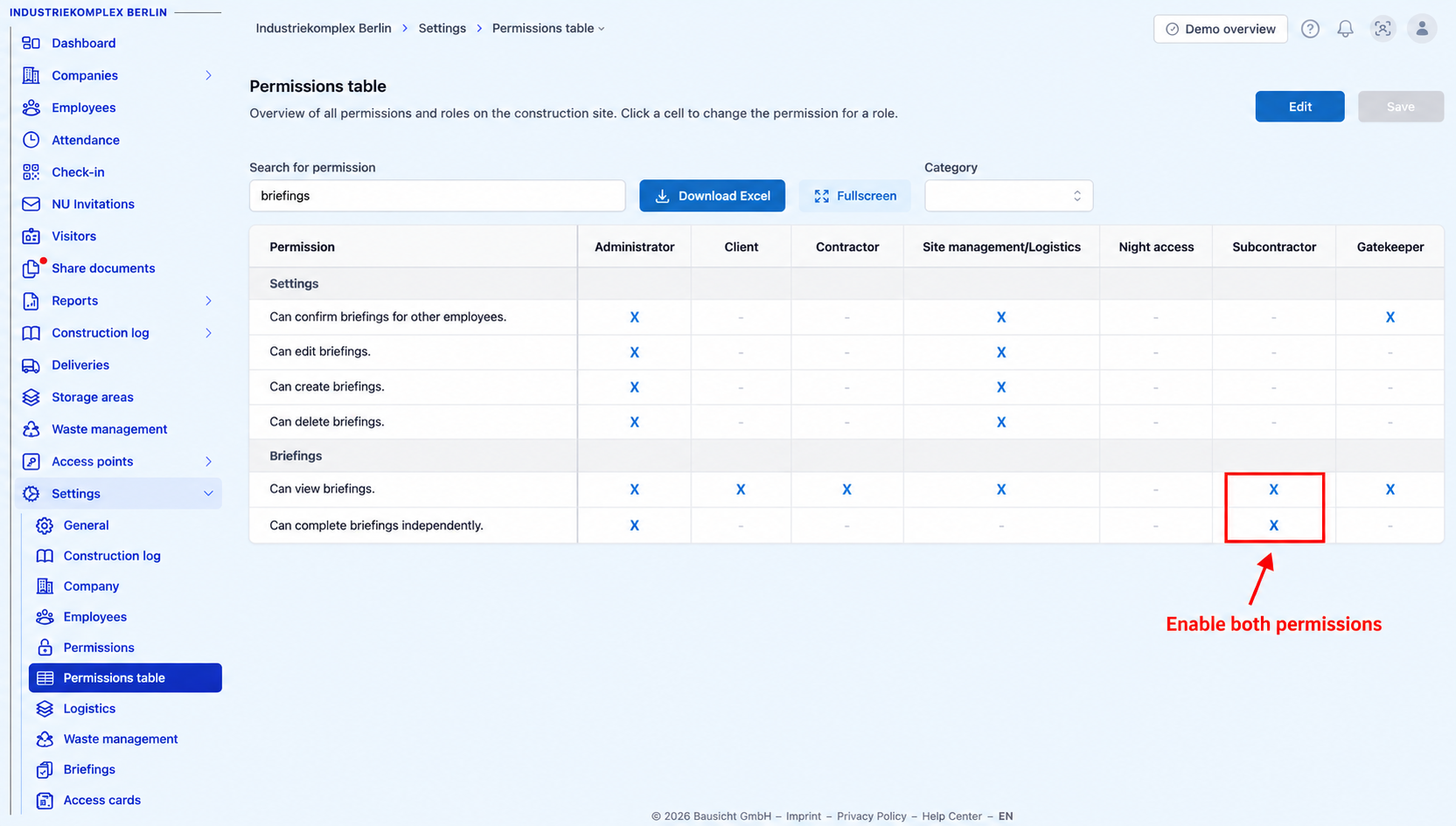 Permissions table: “Can view briefings.” and “Can complete briefings independently.” are highlighted in red in the Subcontractor column.