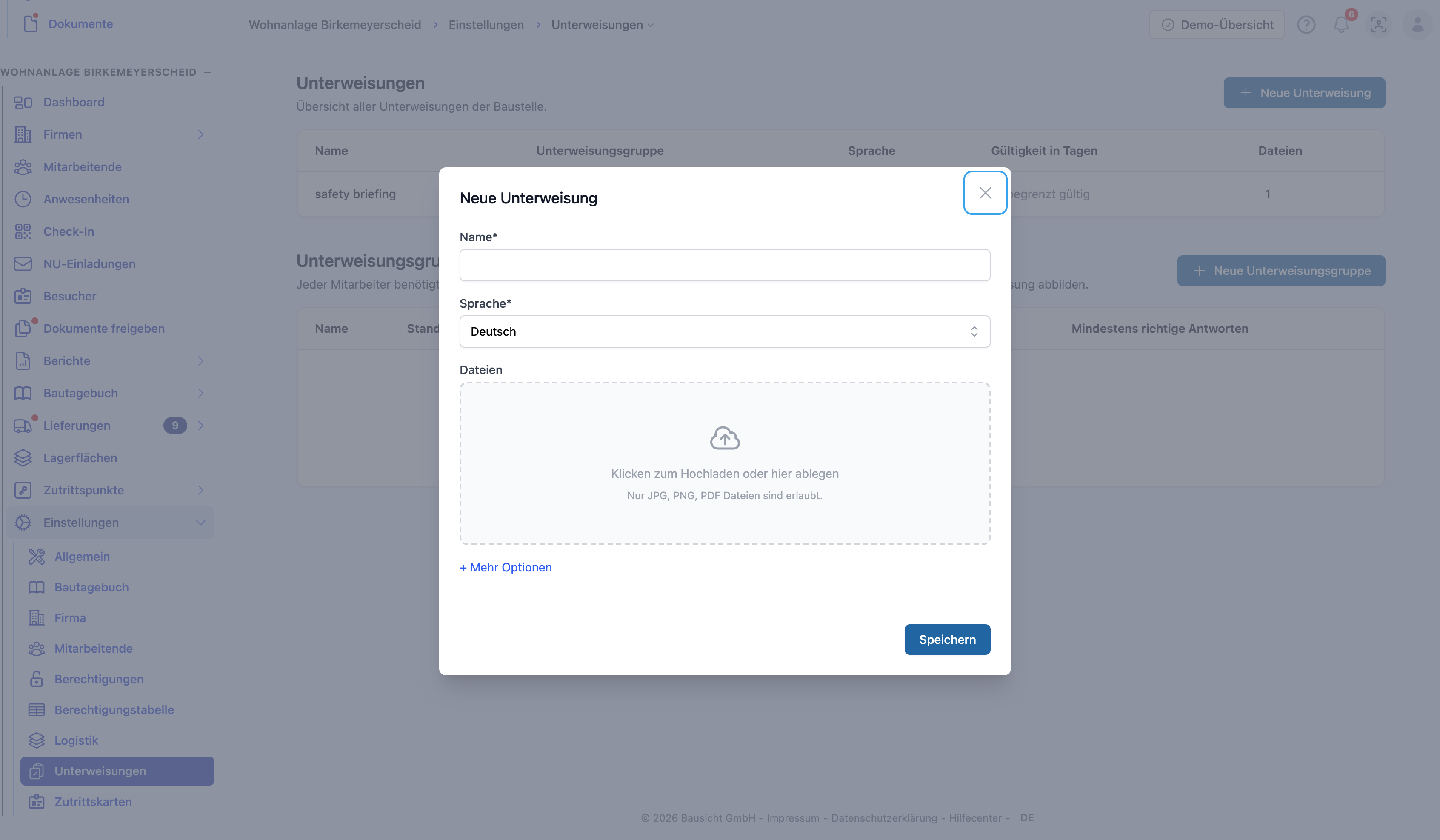 Dialog „Neue Unterweisung“ mit Name, Sprache, Datei-Upload, weiteren Optionen und Speichern.