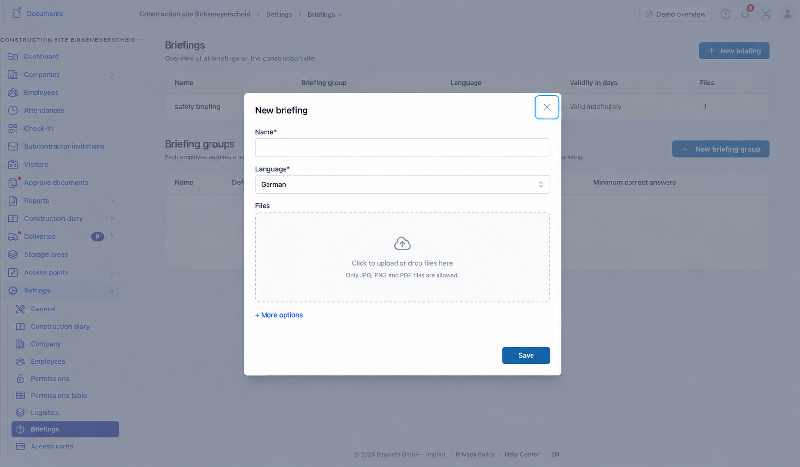 New briefing dialog with name, language, file upload, more options and Save.