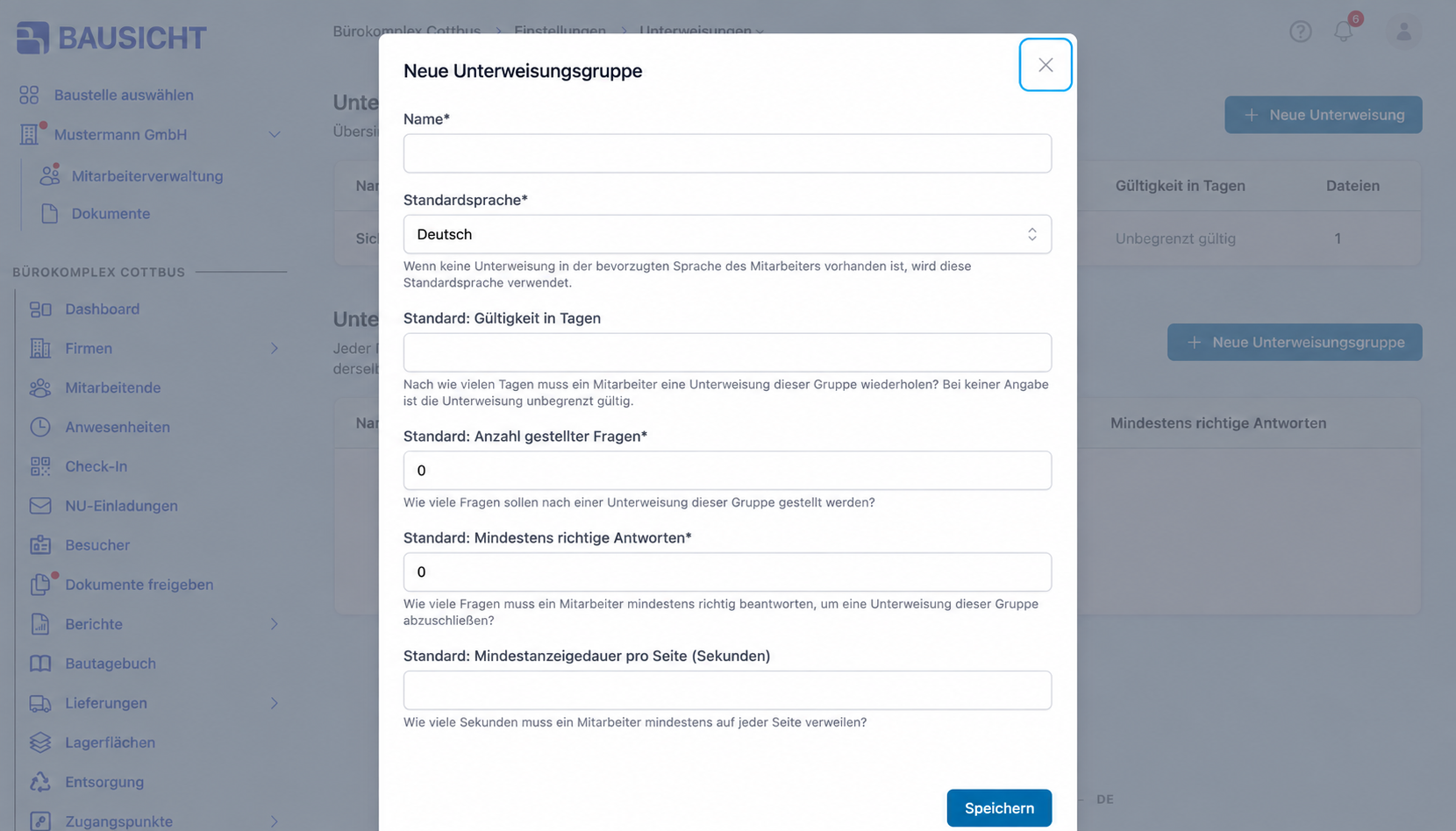 Dialog „Neue Unterweisungsgruppe“ mit Standardsprache, Gültigkeit, Fragenanzahl, Mindestantworten und Anzeigedauer.